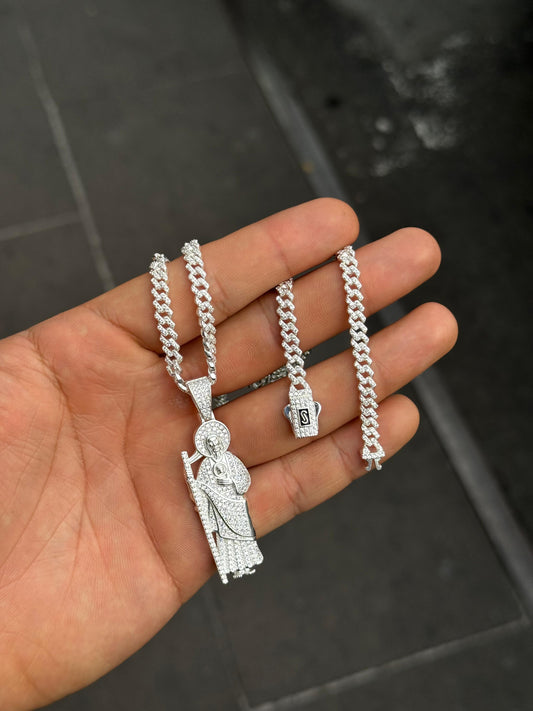 Conjunto cadena cubana + dije de San Judas plateado — 55 cm / 30.7 g