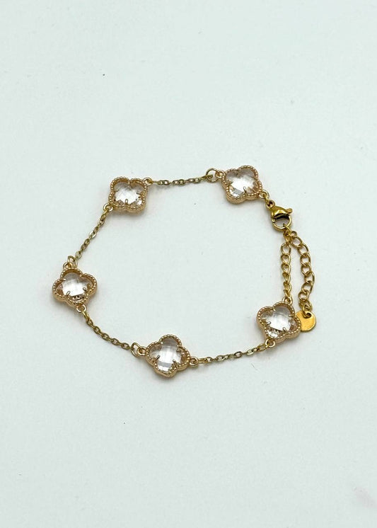 PULSERA TIPO VAN CLEEF - DORADOB TRÉBOL CRISTAL BLANCO