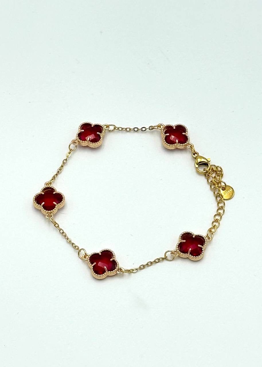 PULSERA TIPO VAN CLEEF - DORADO/ TRÉBOL CRISTAL ROJO