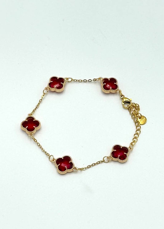 PULSERA TIPO VAN CLEEF - DORADO/ TRÉBOL CRISTAL ROJO