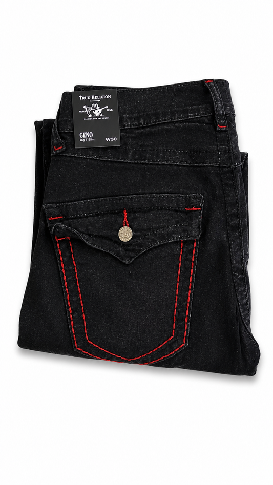 True Religion Geno Black Red Stitch Denim